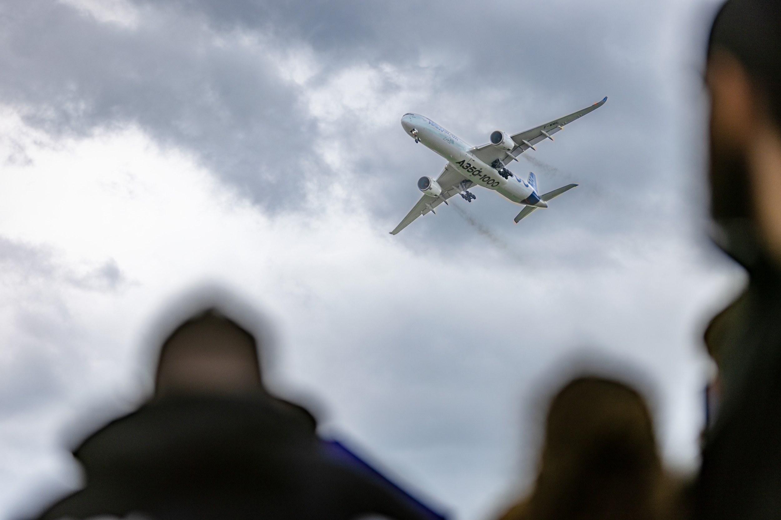 An Airbus A350-1000 passes above the ILA Berlin 2026 audience during the Flying Display with its landing gear fully …