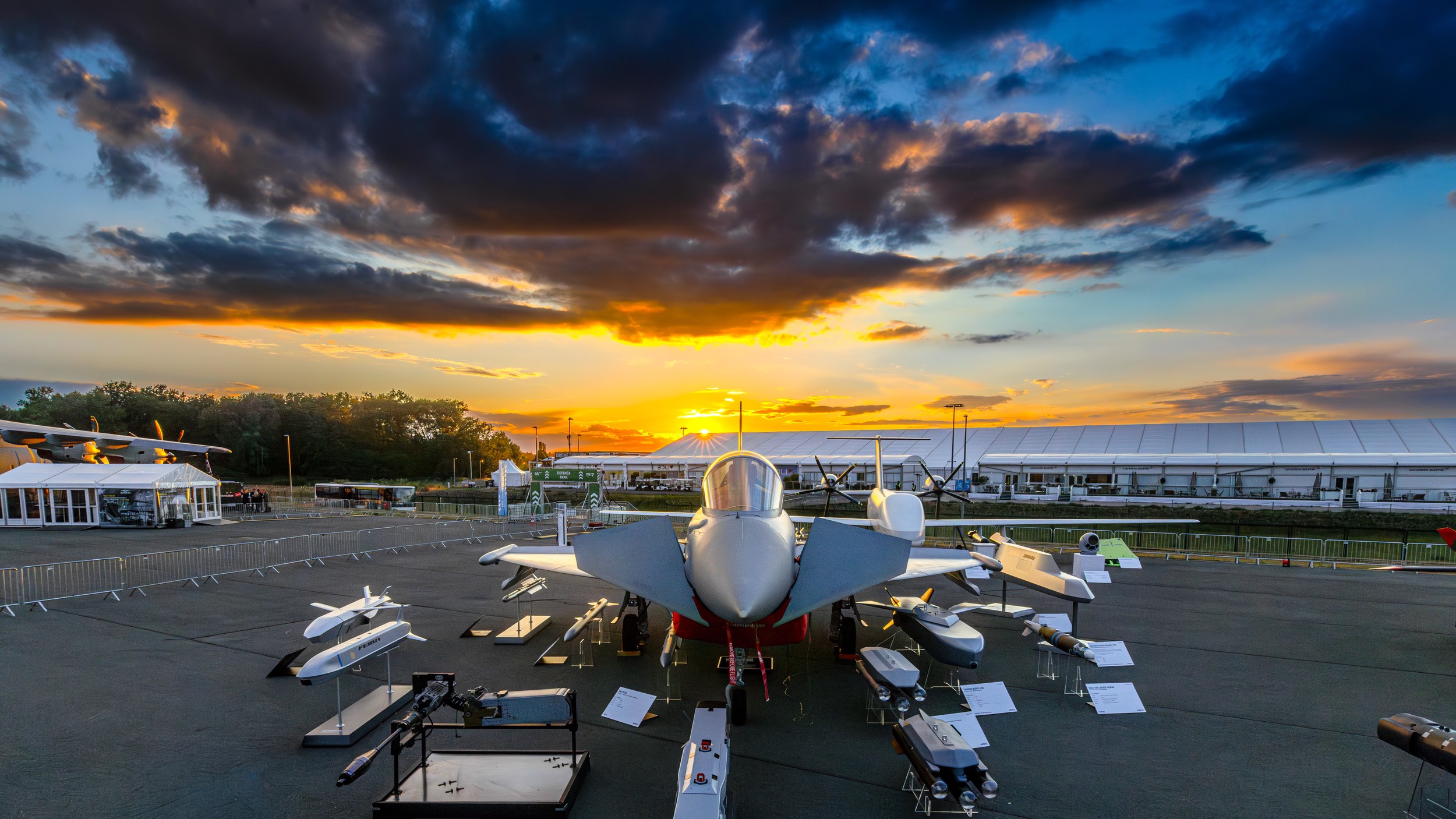 Eurofighter front with weapon exhibits in evening light