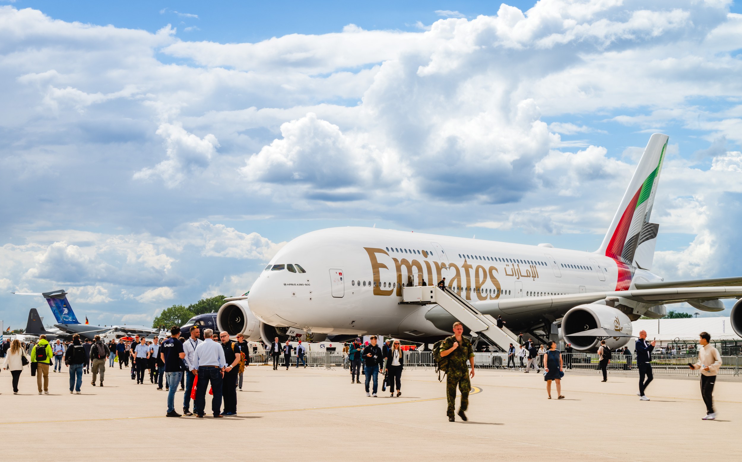 An Emirates Airbus A380-800 stands in a broad side view in the static display at ILA Berlin 2026.
